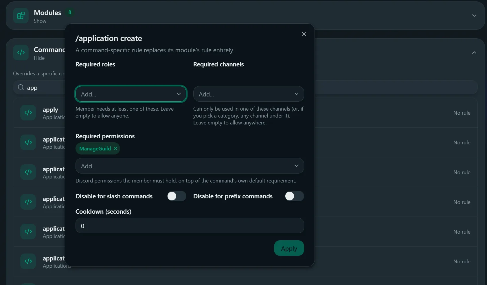 Editing a command permission rule on the Advanced page of the Better Tickets dashboard