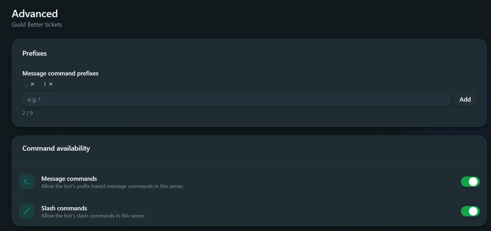 Prefixes section of the Advanced page in the Better Tickets dashboard