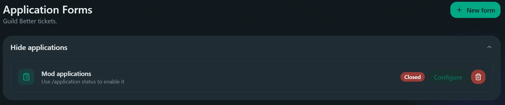 Applications Forms page in the Better Tickets dashboard with the New category button