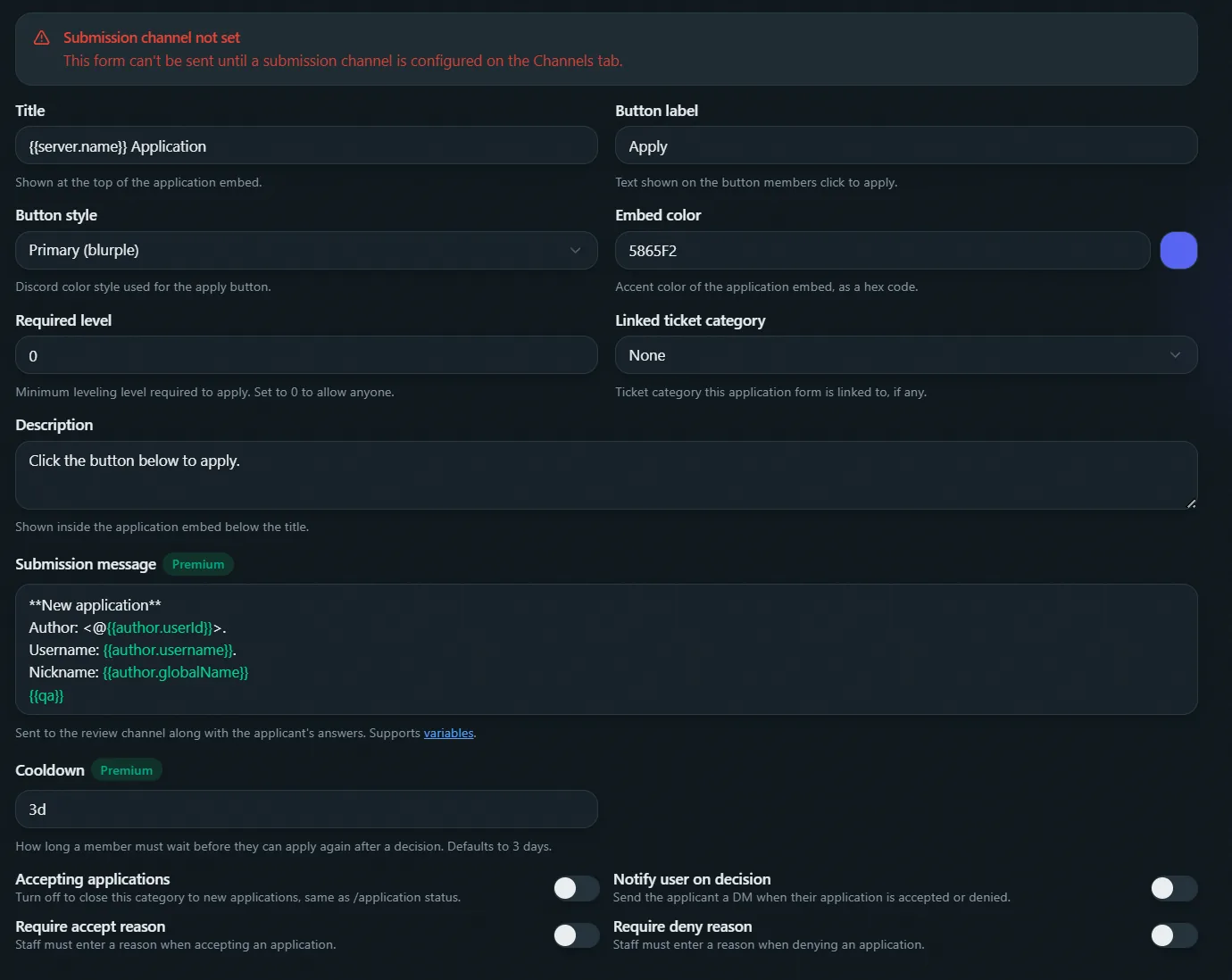 Application category settings, General tab
