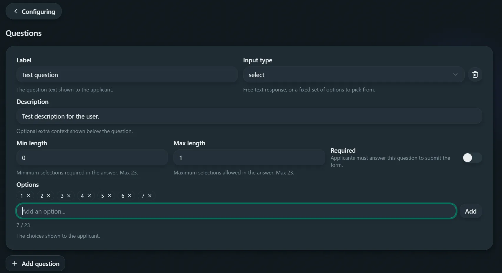 Application category settings, Questions tab