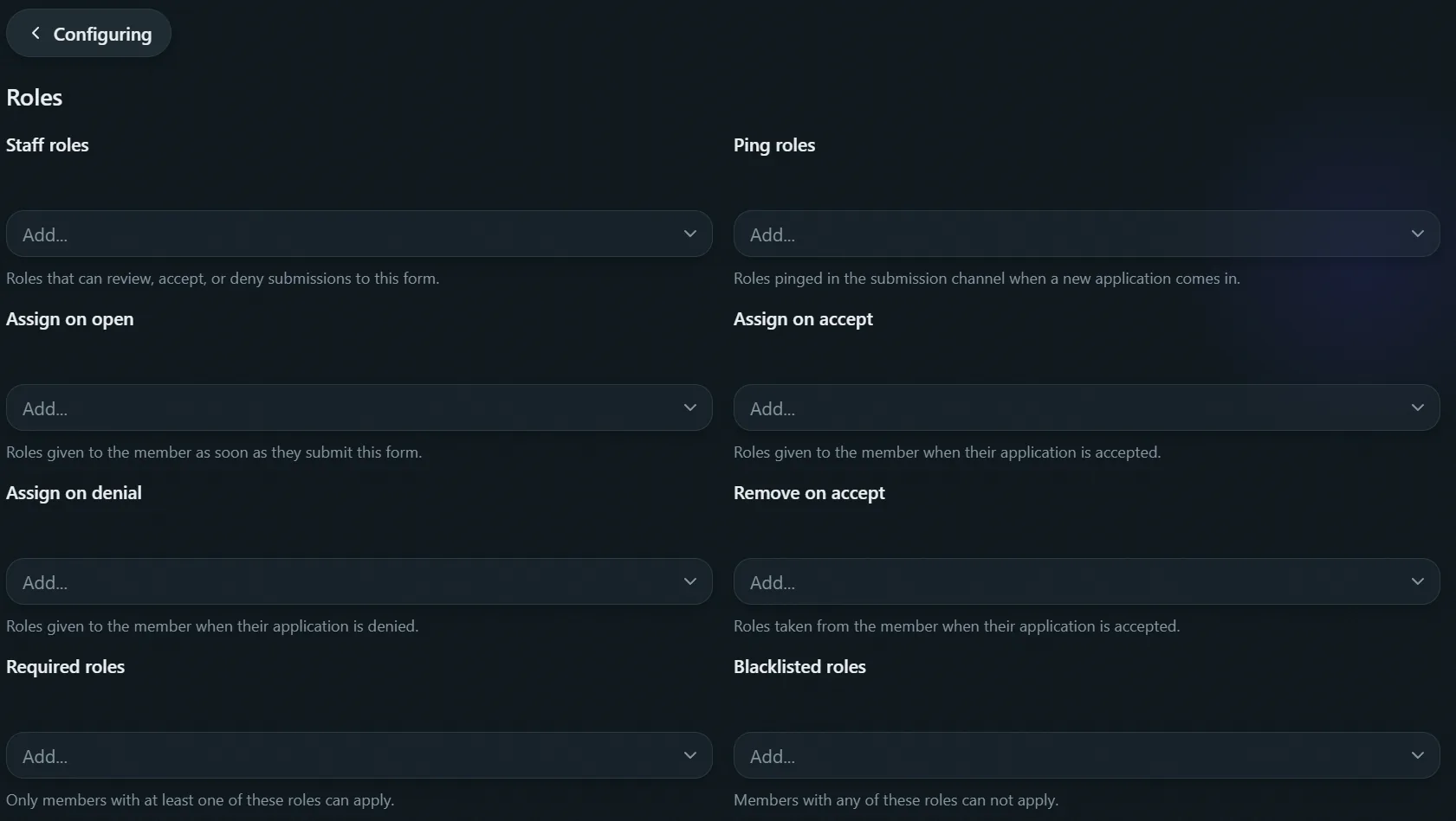 Application category settings, Roles tab