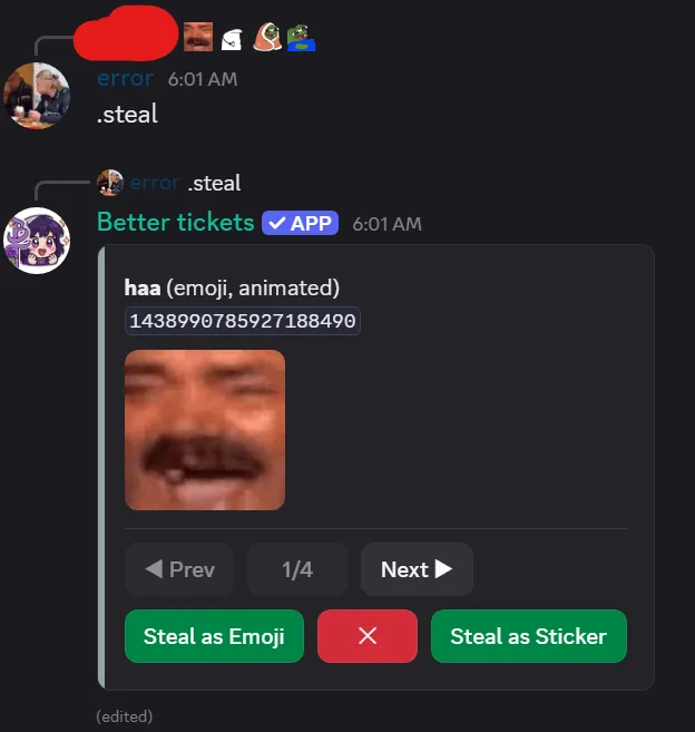 The /emoji steal browser in Discord with Steal as Emoji and Steal as Sticker buttons