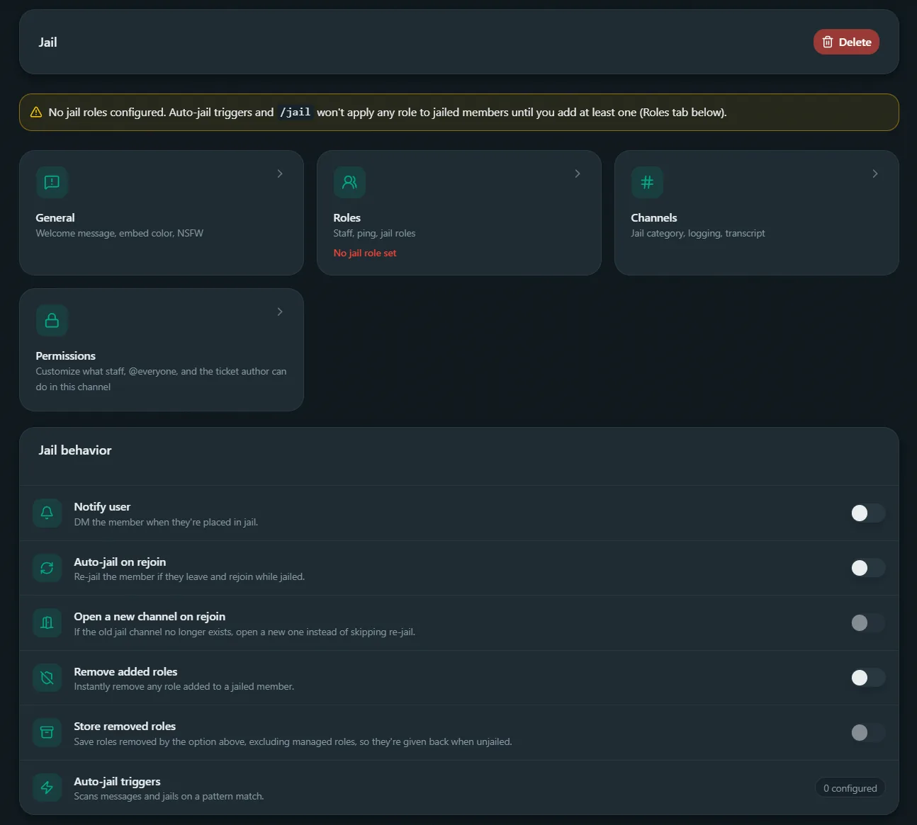 Jail configuration page in the Better Tickets dashboard with jail category, rejoin and role settings