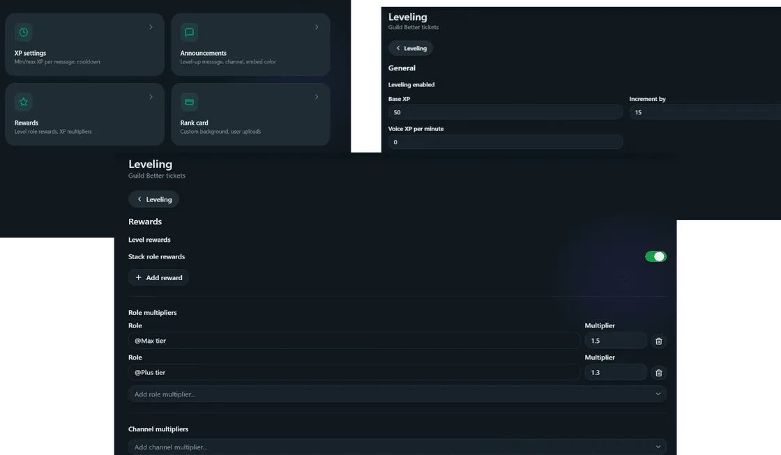 Leveling configuration page in the Better Tickets dashboard with XP, cooldown and level curve settings
