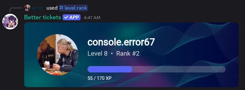 A rank card image produced by /level rank showing level, rank and XP progress