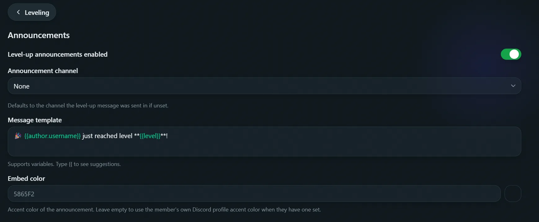 Leveling config, Announcements tab