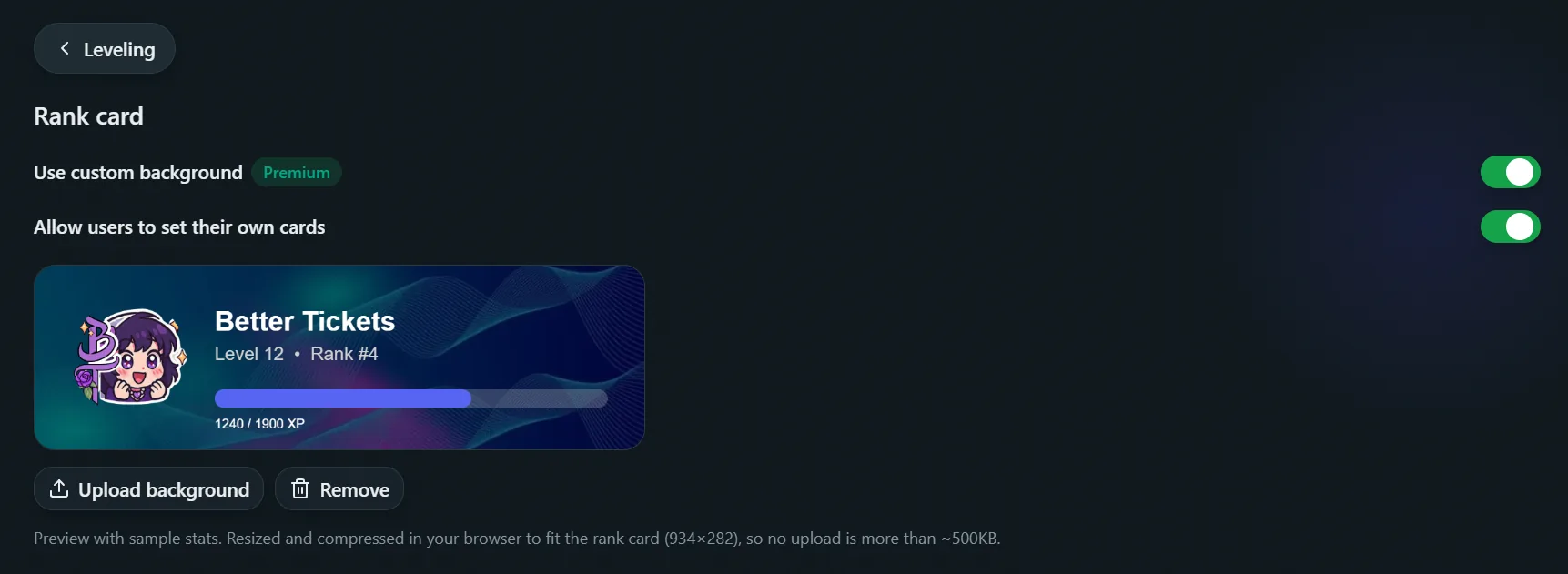 Leveling config, Card tab