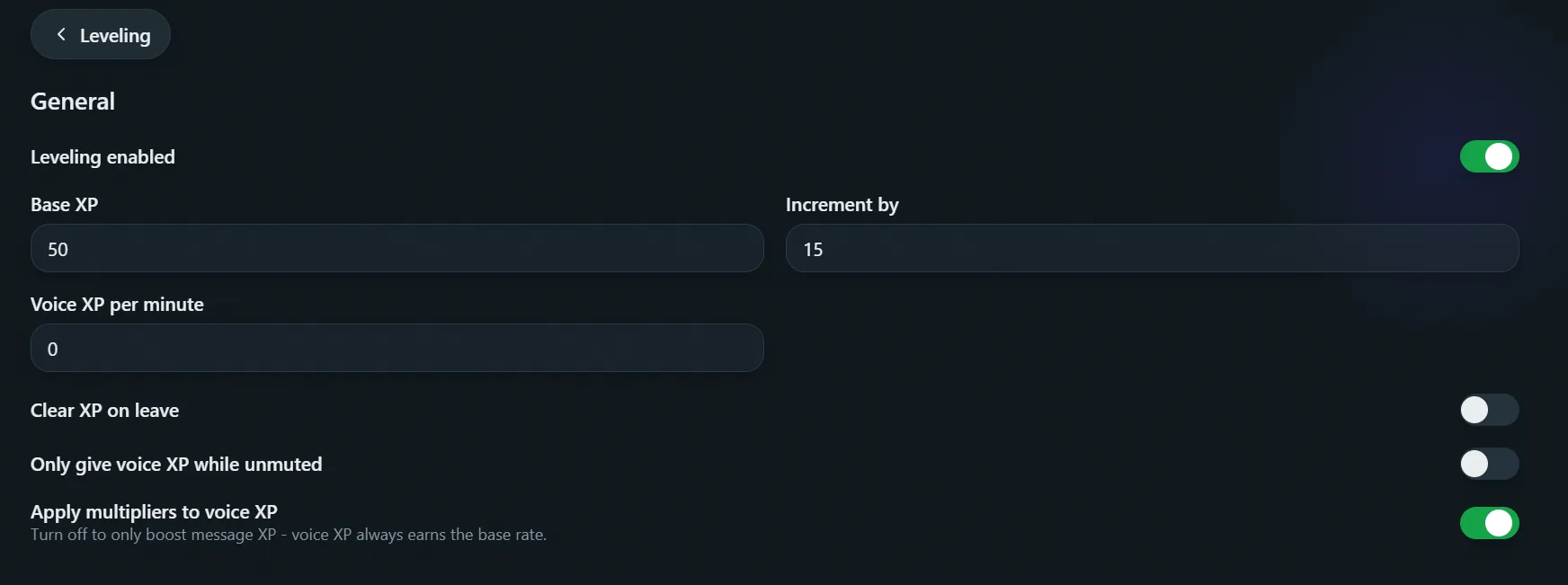 Leveling config, General tab