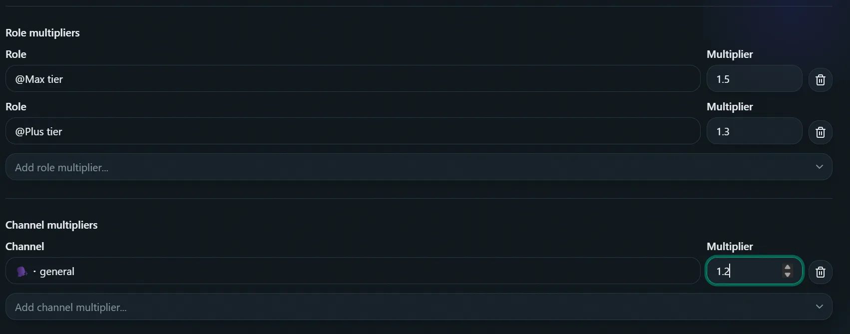 Leveling config, Multipliers tab