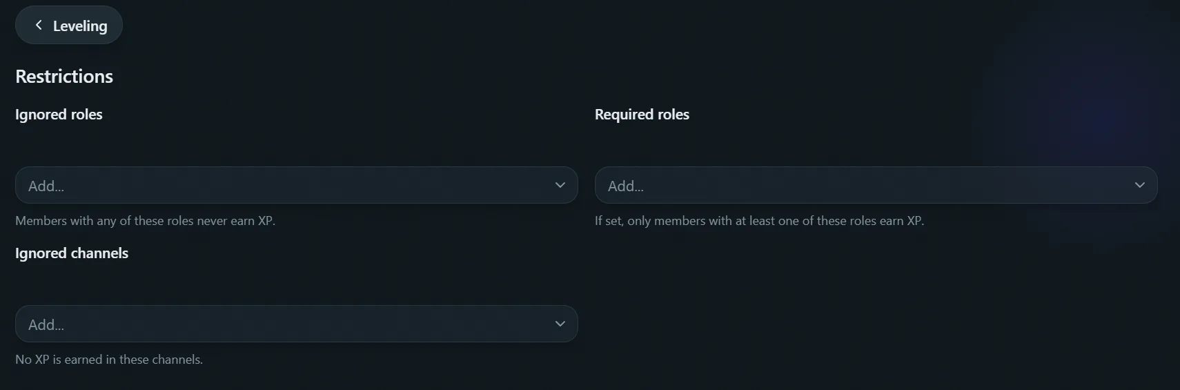 Leveling config, Restrictions tab