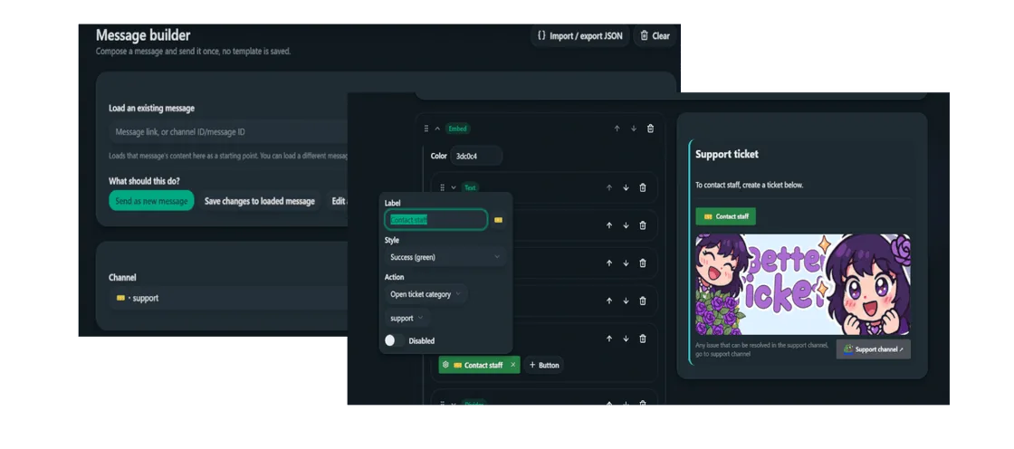 Better Tickets message builder composing a structured rules message with an embed and dividers