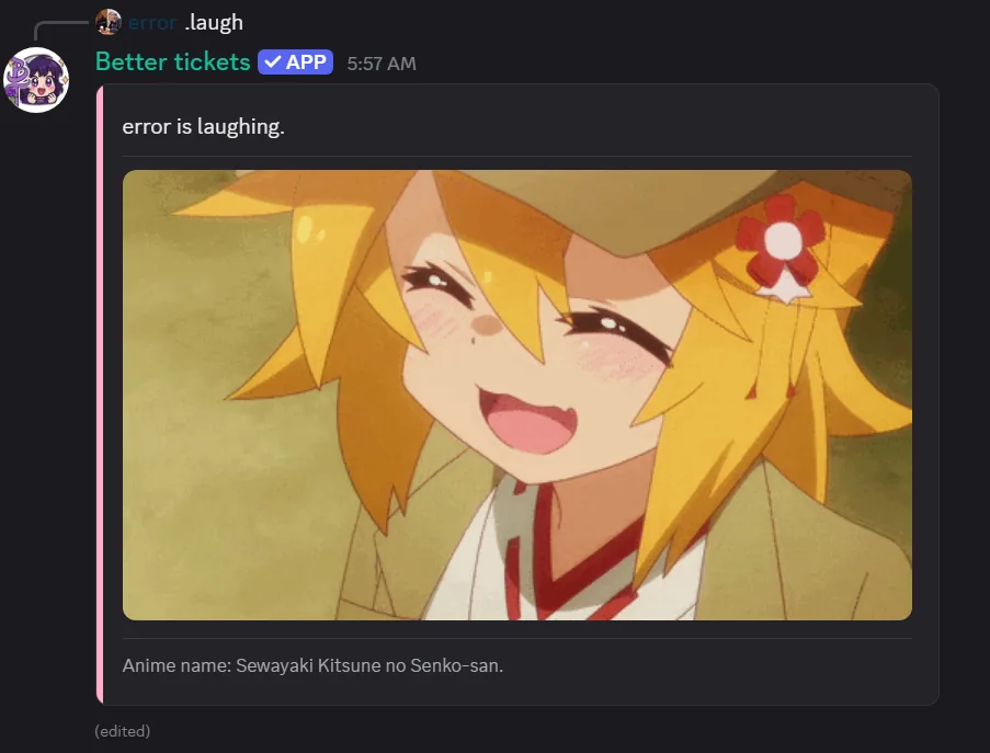 A roleplay command message in Discord with an anime GIF
