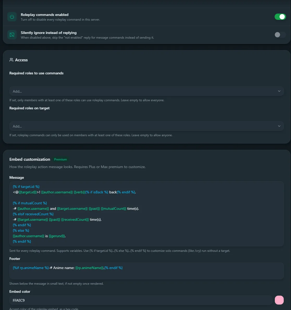 Roleplay Config page in the Better Tickets dashboard