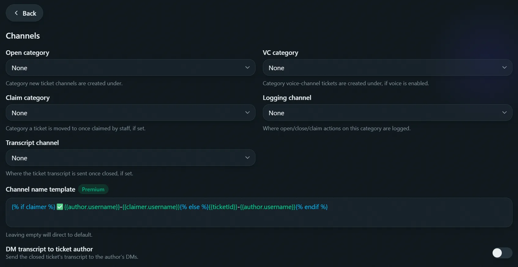 Ticket category settings, Channels tab