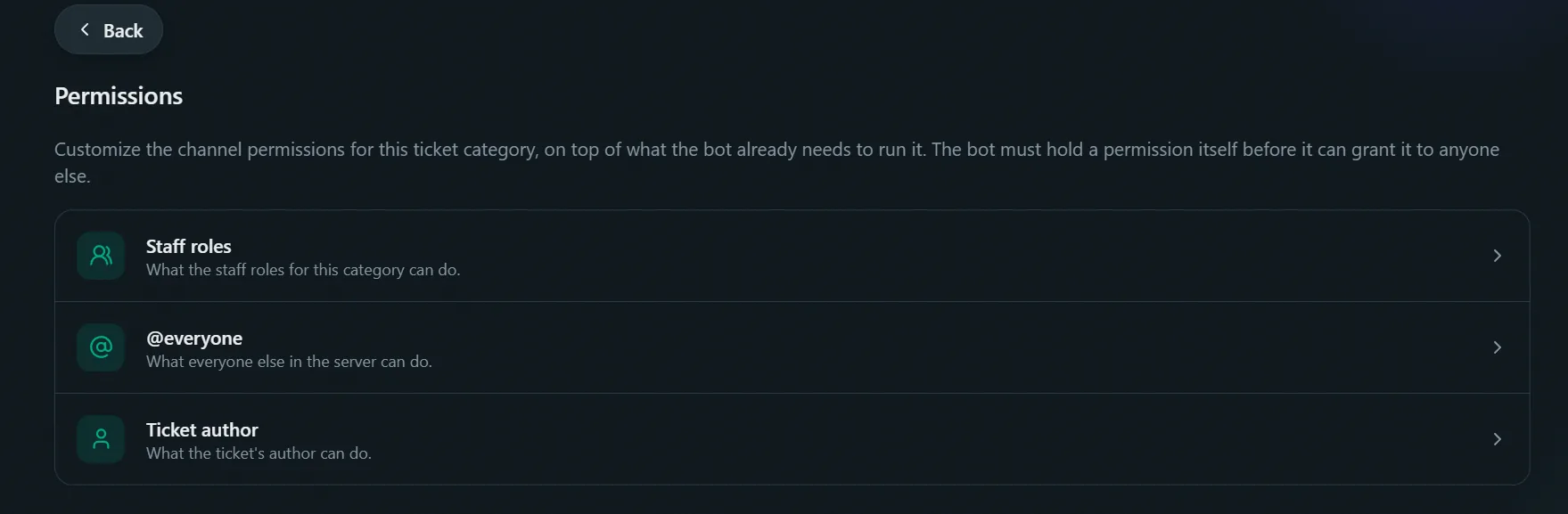 Ticket category settings, Permissions tab