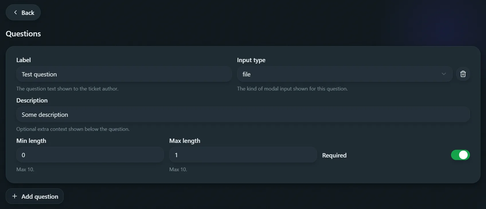 Ticket category settings, Questions tab