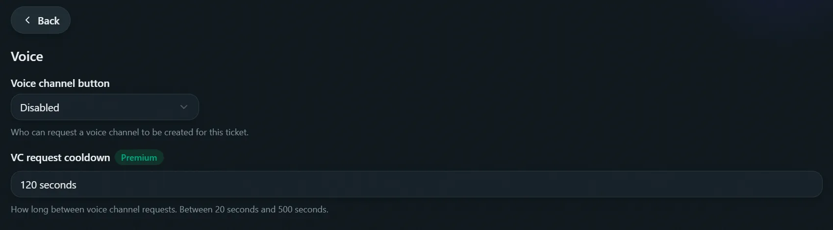 Ticket category settings, Voice tab
