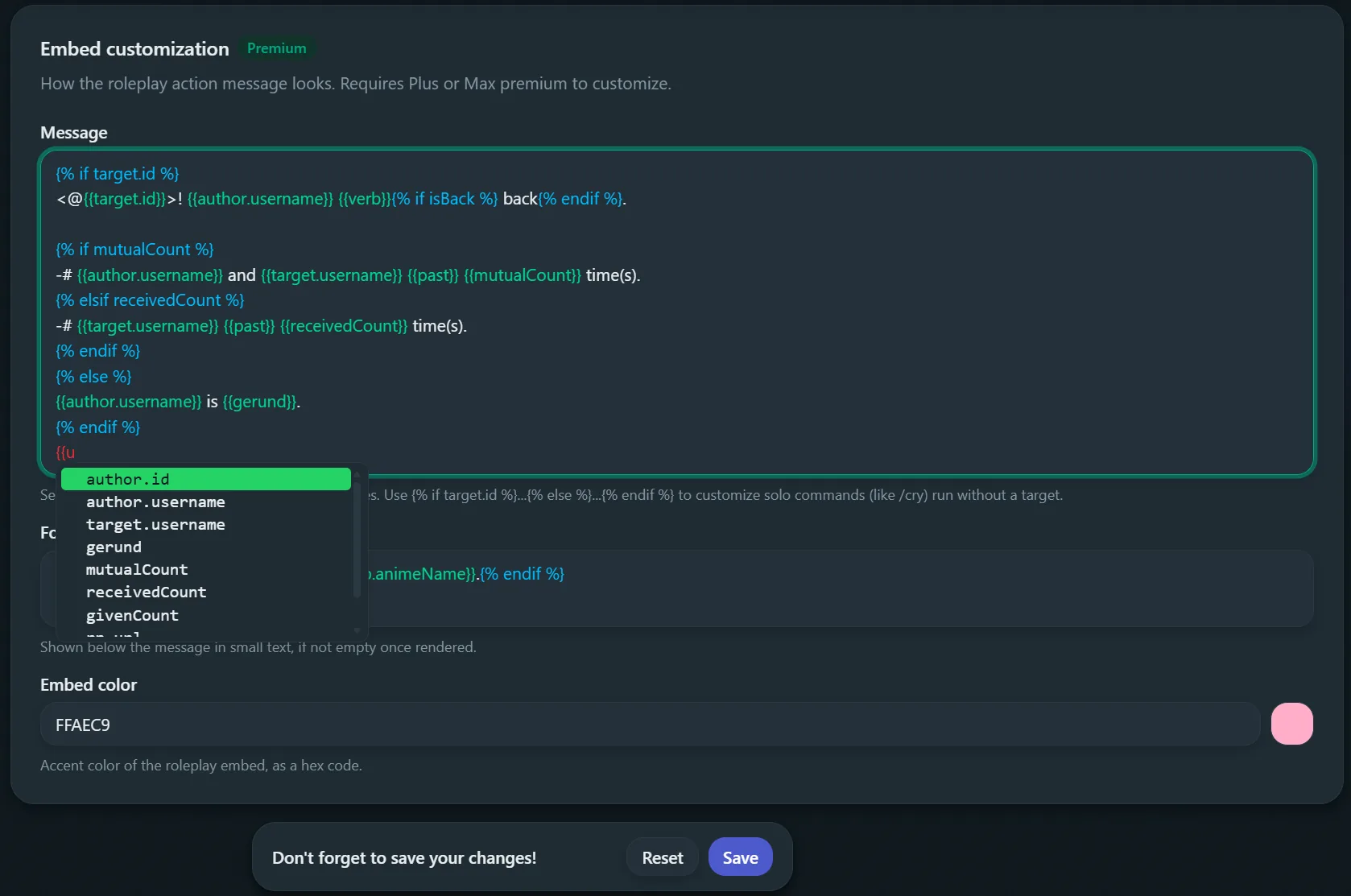 A welcome message field in the Better Tickets dashboard using {{author.username}} variables